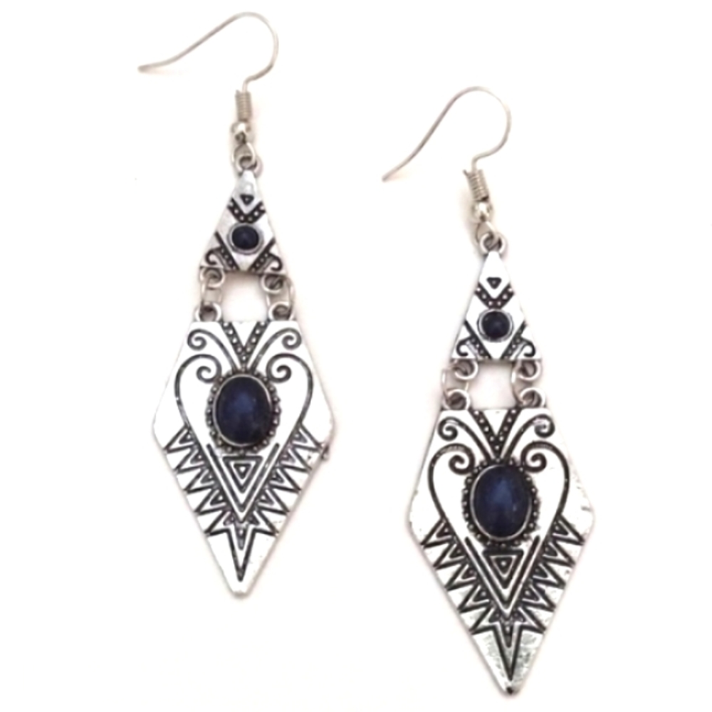 VINTAGE TRIANGULAR GEOMETRIC DROP DANGLE SILVER-TONE & BLUE HOOK 2.8" EARRINGS - Picture 1 of 6
